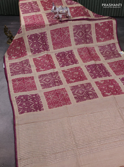 Magenta Pink & Beige Pure Munga Tussar Silk - Kantha Embroidery