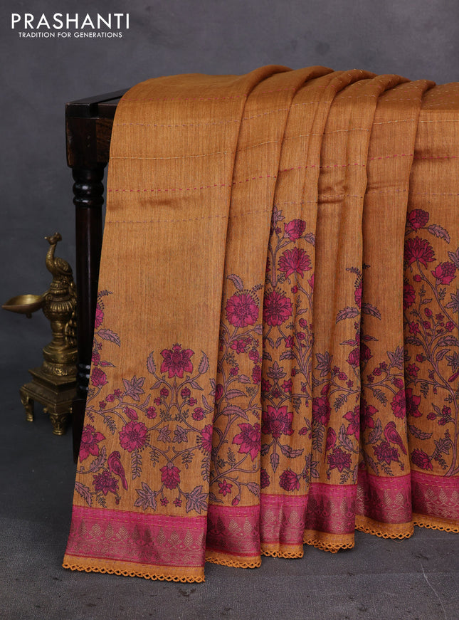 Mustard Yellow & Maroon Pure Munga Tussar Silk - Kantha Embroidery