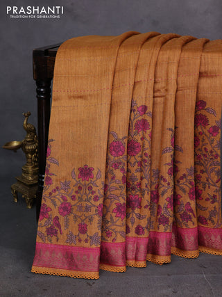 Mustard Yellow & Maroon Pure Munga Tussar Silk - Kantha Embroidery