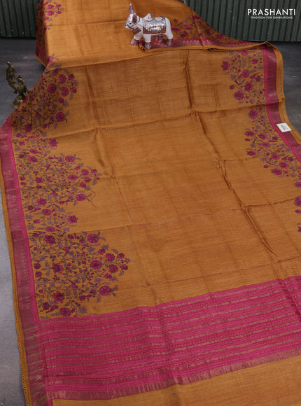 Mustard Yellow & Maroon Pure Munga Tussar Silk - Kantha Embroidery