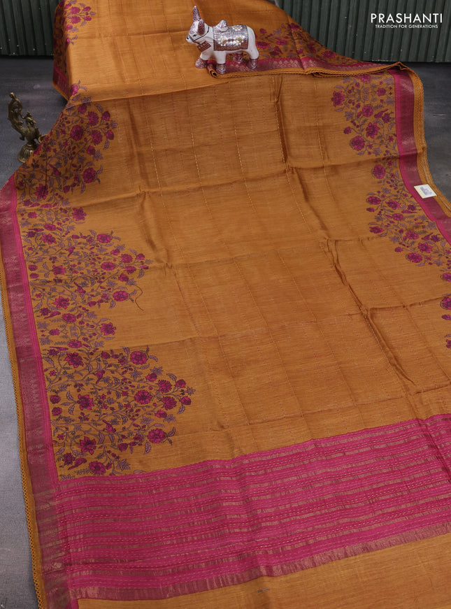 Mustard Yellow & Maroon Pure Munga Tussar Silk - Kantha Embroidery