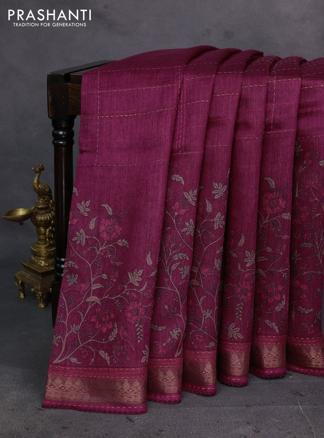 Wine Pure Munga Tussar Silk - Kantha Embroidery