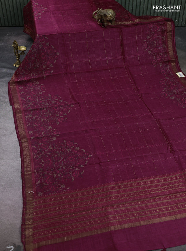Wine Pure Munga Tussar Silk - Kantha Embroidery
