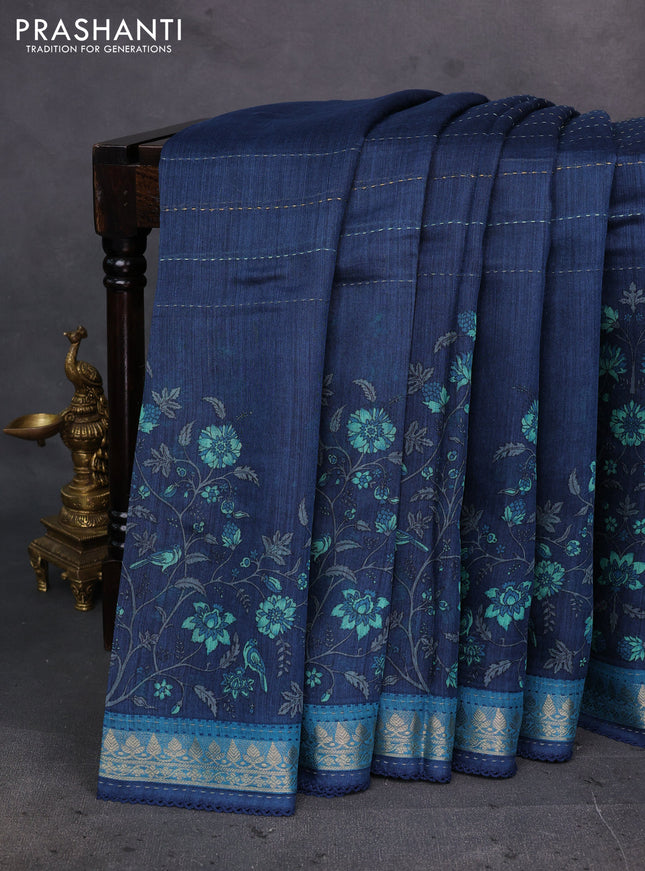 Peacock Blue & Blue Pure Munga Tussar Silk - Kantha Embroidery