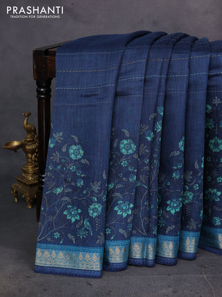 Peacock Blue & Blue Pure Munga Tussar Silk - Kantha Embroidery