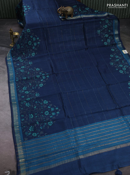 Peacock Blue & Blue Pure Munga Tussar Silk - Kantha Embroidery