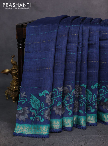 Navy Blue & Teal Green Pure Munga Tussar Silk - Kantha Embroidery