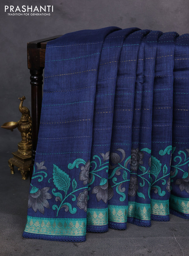 Navy Blue & Teal Green Pure Munga Tussar Silk - Kantha Embroidery