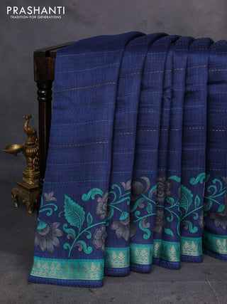 Navy Blue & Teal Green Pure Munga Tussar Silk - Kantha Embroidery