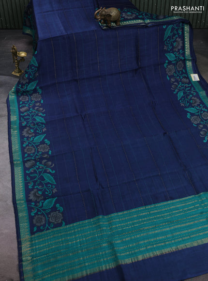 Navy Blue & Teal Green Pure Munga Tussar Silk - Kantha Embroidery