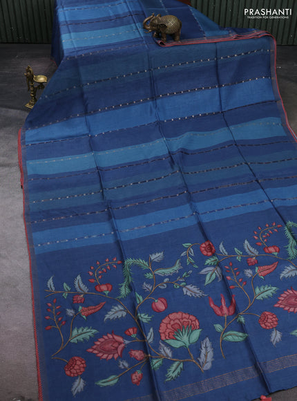 Peacock Blue Pure Munga Tussar Silk - Prints