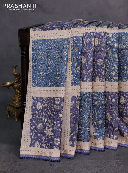 Blue & Beige Pure Munga Tussar Silk - Kantha Embroidery