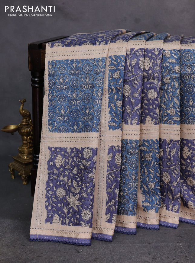 Blue & Beige Pure Munga Tussar Silk - Kantha Embroidery