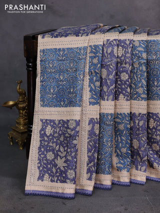 Blue & Beige Pure Munga Tussar Silk - Kantha Embroidery
