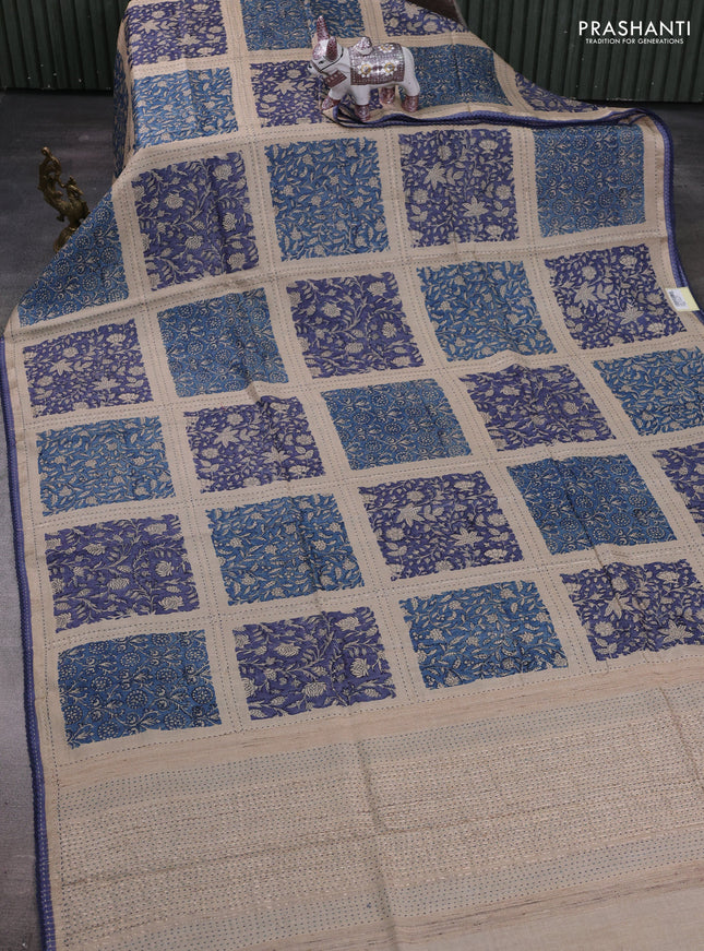 Blue & Beige Pure Munga Tussar Silk - Kantha Embroidery