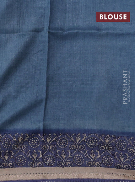Blue & Beige Pure Munga Tussar Silk - Kantha Embroidery