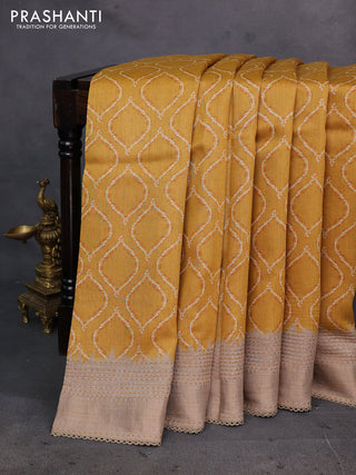 Mustard Yellow & Beige Pure Munga Tussar Silk - Kantha Embroidery