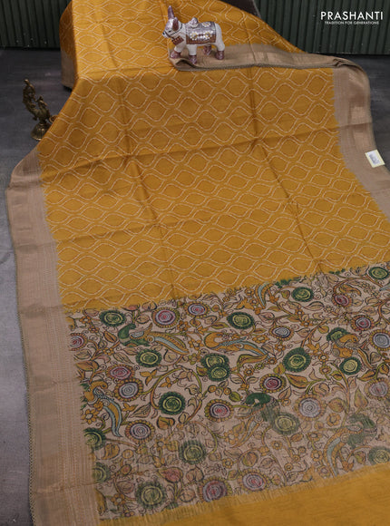 Mustard Yellow & Beige Pure Munga Tussar Silk - Kantha Embroidery