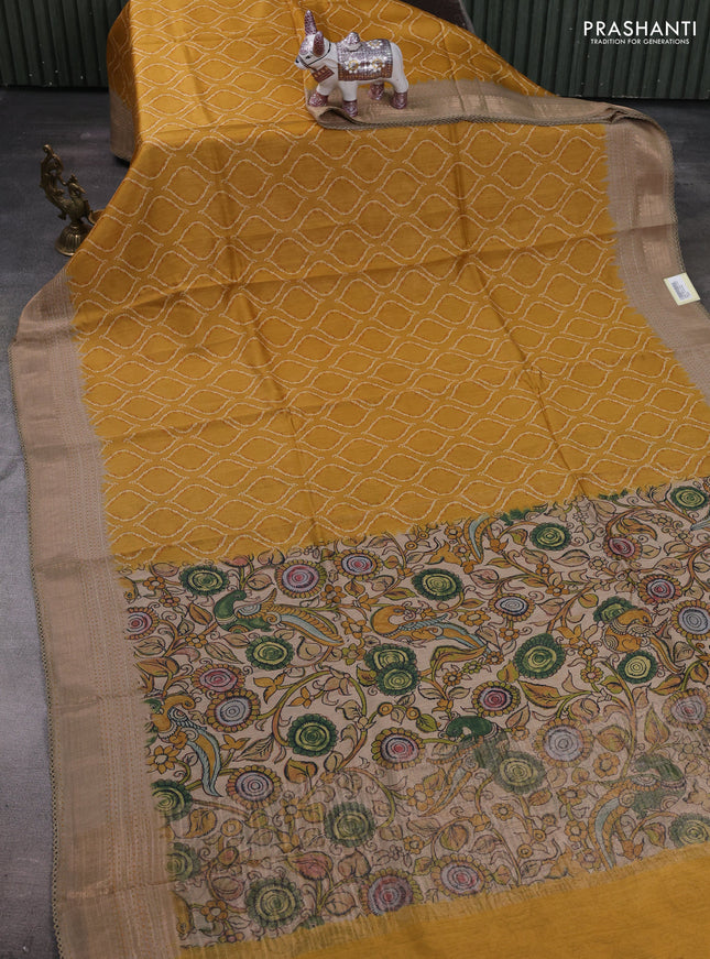 Mustard Yellow & Beige Pure Munga Tussar Silk - Kantha Embroidery