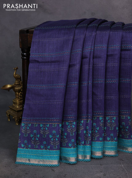 Navy Blue & Teal Green Pure Munga Tussar Silk - Kantha Embroidery