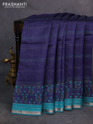 Navy Blue & Teal Green Pure Munga Tussar Silk - Kantha Embroidery