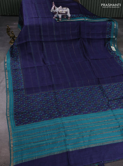 Navy Blue & Teal Green Pure Munga Tussar Silk - Kantha Embroidery