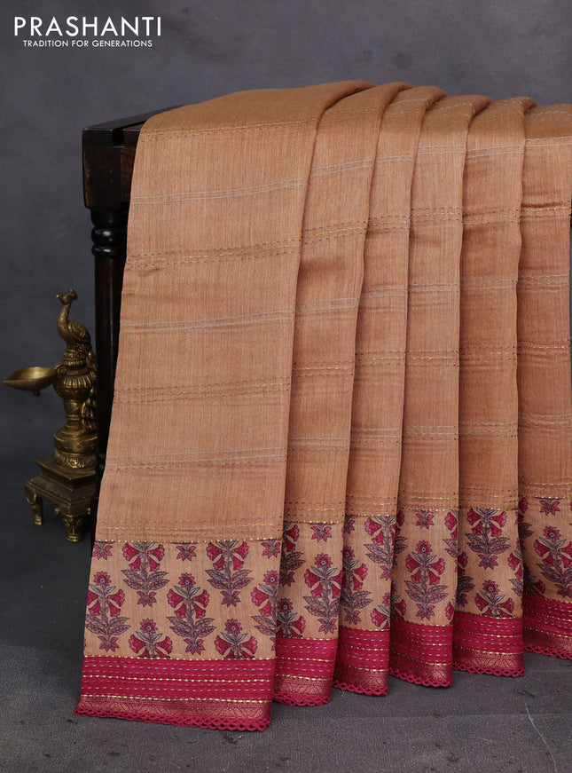 Sandal & Maroon Pure Munga Tussar Silk - Kantha Embroidery