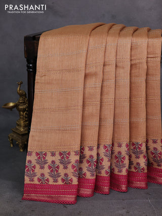 Sandal & Maroon Pure Munga Tussar Silk - Kantha Embroidery