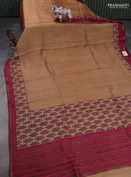 Sandal & Maroon Pure Munga Tussar Silk - Kantha Embroidery