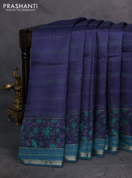 Navy Blue & Teal Green Pure Munga Tussar Silk - Kantha Embroidery