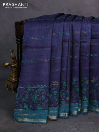 Navy Blue & Teal Green Pure Munga Tussar Silk - Kantha Embroidery