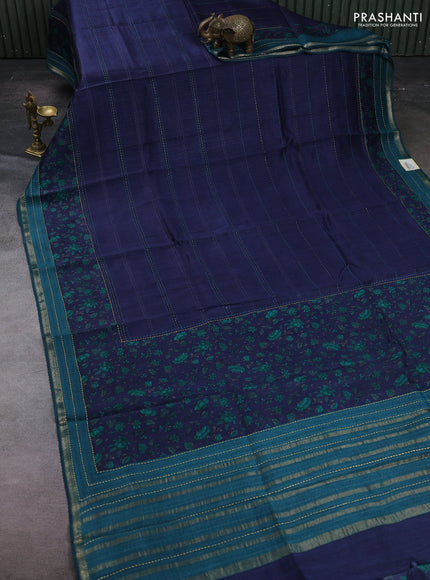 Navy Blue & Teal Green Pure Munga Tussar Silk - Kantha Embroidery