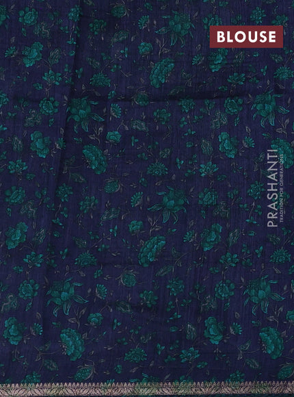Navy Blue & Teal Green Pure Munga Tussar Silk - Kantha Embroidery