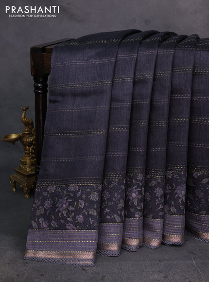 Black & Grey Pure Munga Tussar Silk - Kantha Embroidery