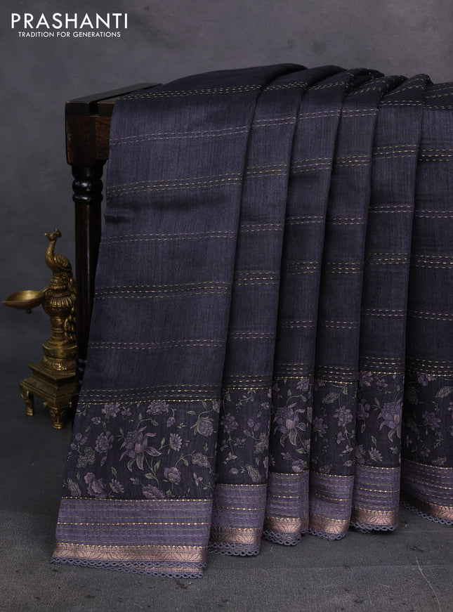 Black & Grey Pure Munga Tussar Silk - Kantha Embroidery