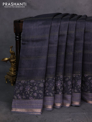 Black & Grey Pure Munga Tussar Silk - Kantha Embroidery