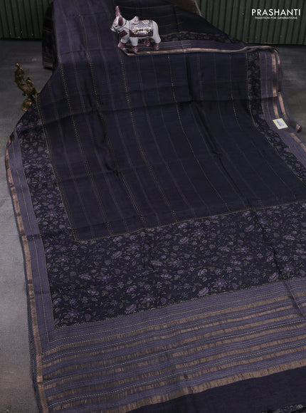 Black & Grey Pure Munga Tussar Silk - Kantha Embroidery