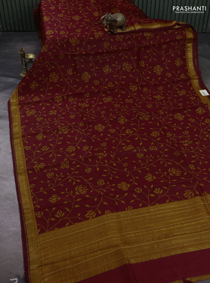 Maroon & Mustard Yellow Pure Munga Tussar Silk - Kantha Embroidery