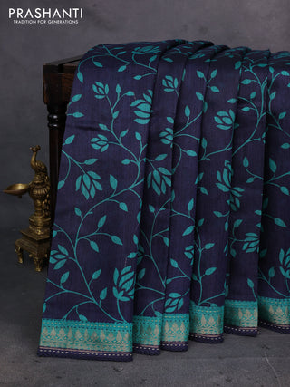 Navy Blue & Teal Green Pure Munga Tussar Silk - Kantha Embroidery