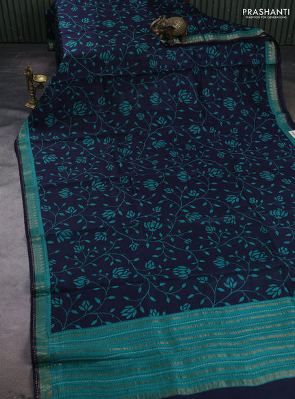 Navy Blue & Teal Green Pure Munga Tussar Silk - Kantha Embroidery