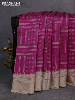 Pink & Beige Pure Munga Tussar Silk - Kantha Embroidery