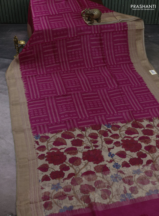Pink & Beige Pure Munga Tussar Silk - Kantha Embroidery