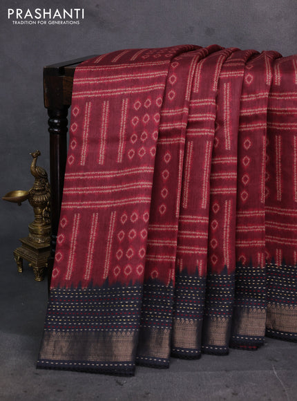 Maroon & Black Pure Munga Tussar Silk - Kantha Embroidery