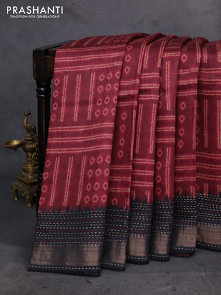 Maroon & Black Pure Munga Tussar Silk - Kantha Embroidery