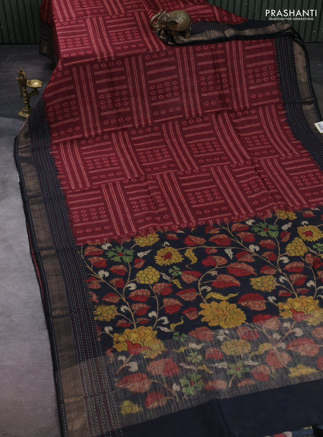 Maroon & Black Pure Munga Tussar Silk - Kantha Embroidery