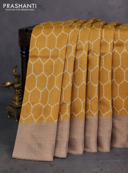 Mustard Yellow & Beige Pure Munga Tussar Silk - Kantha Embroidery