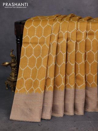 Mustard Yellow & Beige Pure Munga Tussar Silk - Kantha Embroidery
