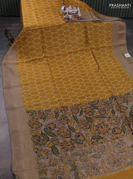 Mustard Yellow & Beige Pure Munga Tussar Silk - Kantha Embroidery