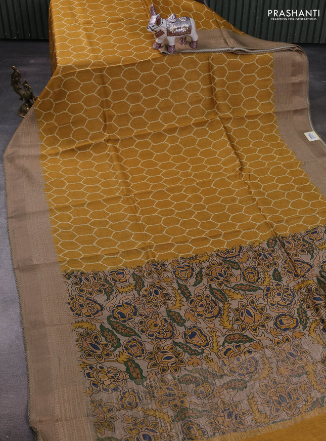 Mustard Yellow & Beige Pure Munga Tussar Silk - Kantha Embroidery