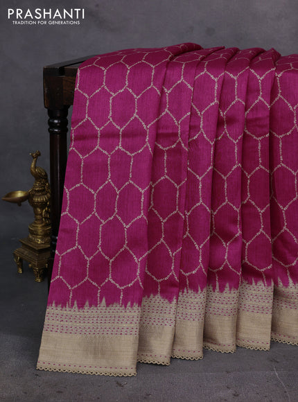 Pink & Beige Pure Munga Tussar Silk - Kantha Embroidery
